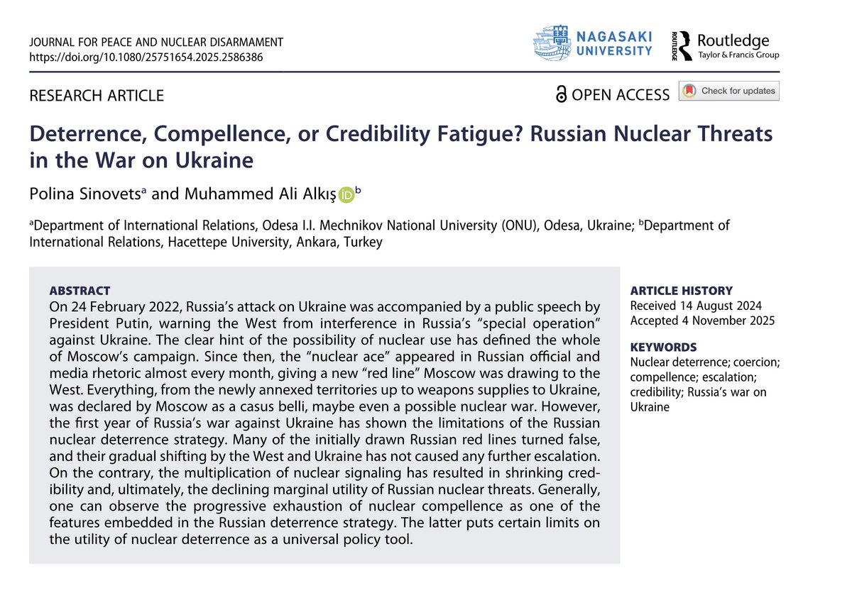 AliAlkisTR's tweet photo. 🚨New publication with @PSinovets: “Deterrence, Compellence, or Credibility Fatigue? Russian Nuclear Threats in the War on Ukraine.”  

We argue that repeated nuclear signalling has led to credibility fatigue—weakening the impact of such threats. 
👇
https://t.co/qgpfvbJpFA https://t.co/4N7t0pcNs7