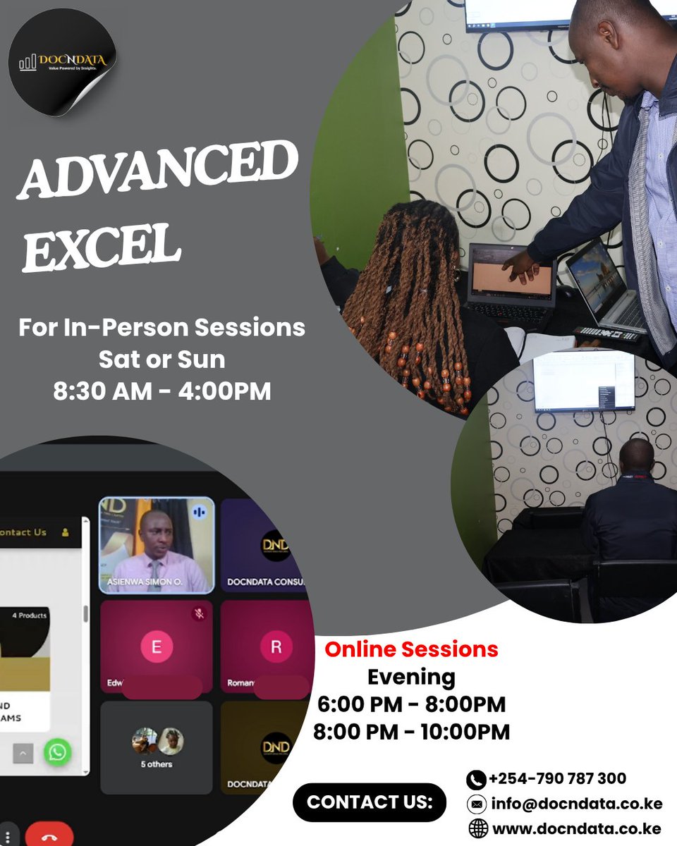 docndata's tweet image. Unlock the full power of Advaned Excel.
Call/Whatsapp 0790 787 300
.
.
.
#AdvancedExcel #excel #AdvancedExcelTraining #AdvancedExcelCourse #nairobikenya #docndata