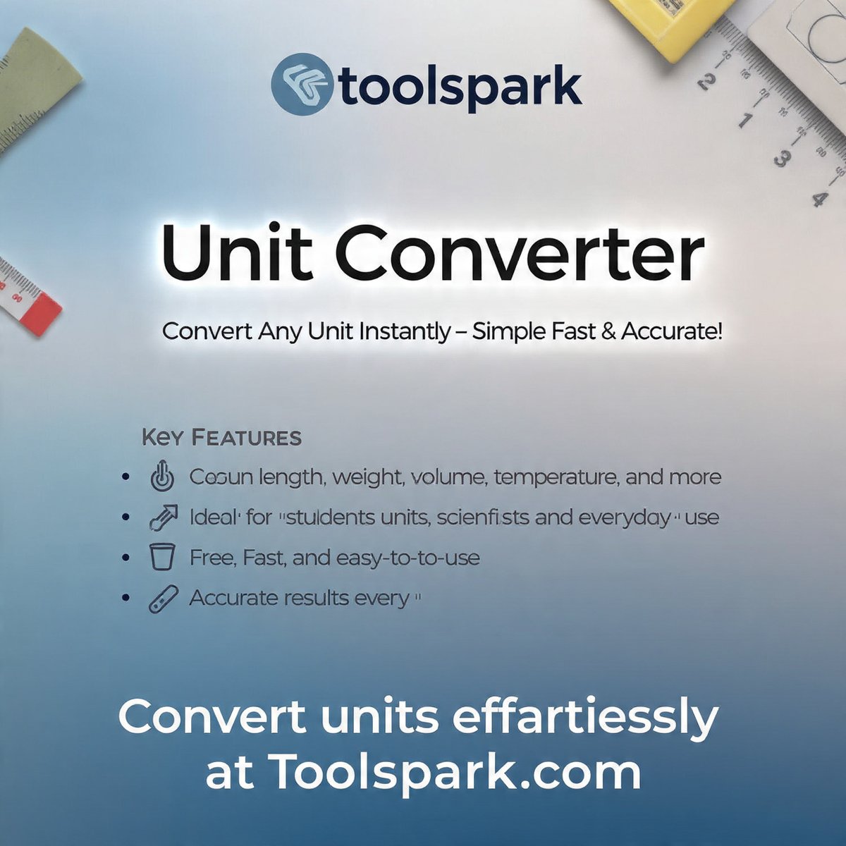 toolsspark's tweet image. Convert units instantly! 🔄 Our Unit Converter helps you switch between length, weight, temperature, speed, and more with ease. Try it here: toolsspark.com #UnitConverter #QuickConversion