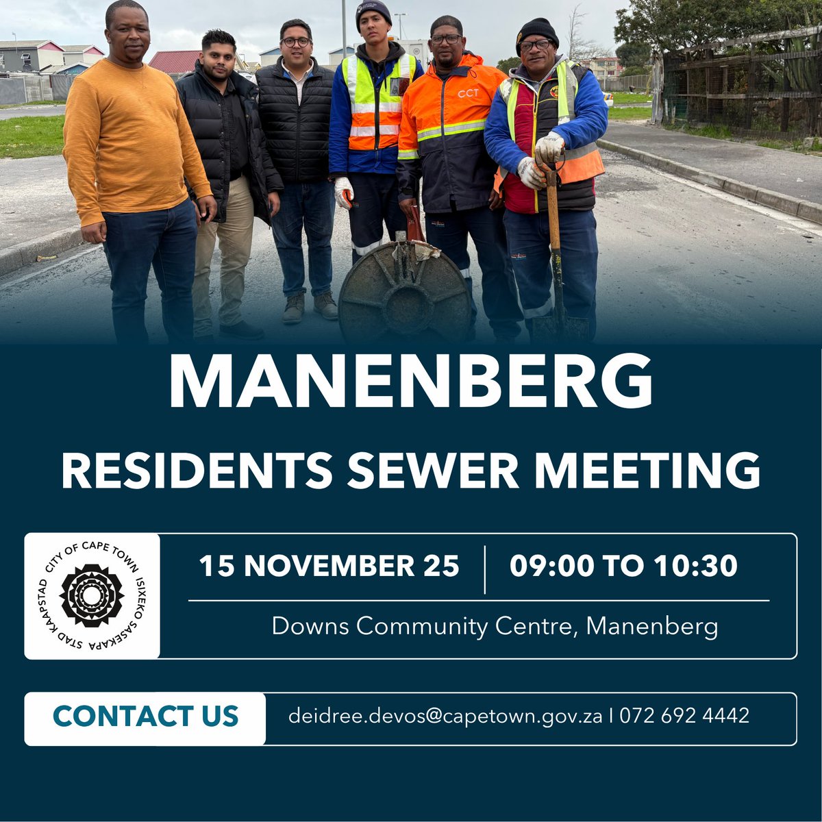 Manenberg residents: Join Cllr Zahid Badroodien this Sat 15 Nov, 09:00-10:30 at Downs Community Hall.
We've cleared 40+ tonnes from Manenberg Ave sewer pipeline &amp; started Colleen Court repairs. Get updates on restoration progress &amp; learn how to help keep sewers flowing.