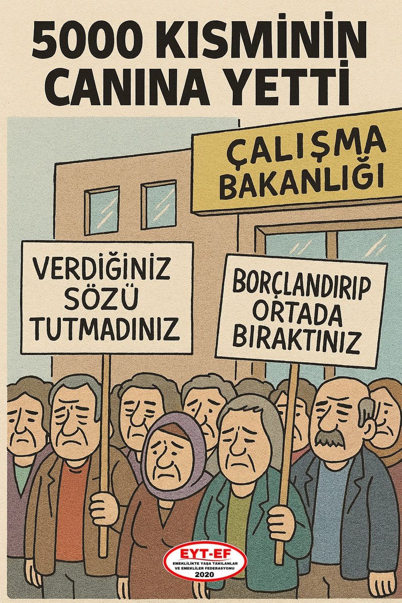 EYT
👇
#5000KısmininCanınaYetti

EYT dediniz umut verdiniz.

Mağdur ettiğiniz insanlara artık kulak verin!

5000 prim ve Kısmi Emeklilik bekleyenlerin sabrını daha fazla sınamayın!

Yılların hesabını sandıkta sormasını da biliriz!

#EmeklininCanınaYetti
<a href="/RTErdogan/">Recep Tayyip Erdoğan</a> 
<a href="/isikhanvedat/">Prof. Dr. Vedat Işıkhan</a>