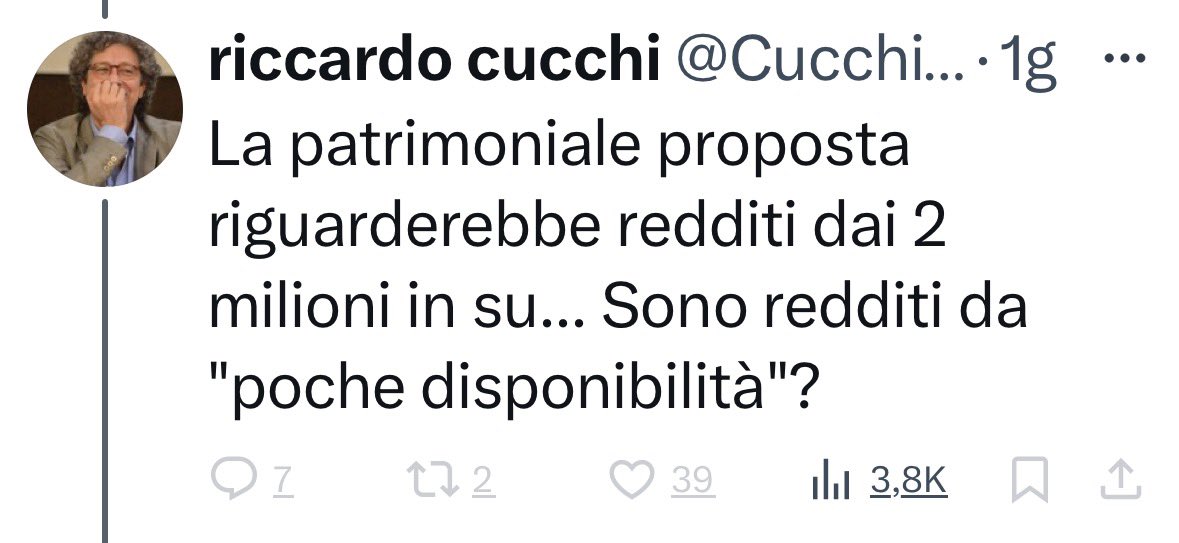I vecchietti, alcuni se non altro, quelli che non hanno capito un cazzo della vita ma amano pontificare su cose che non conoscono, se proprio devono dire stronzate, dovrebbero andare su qualche cantiere nella loro città. E commentare con i coetanei
Una patrimoniale sul reddito