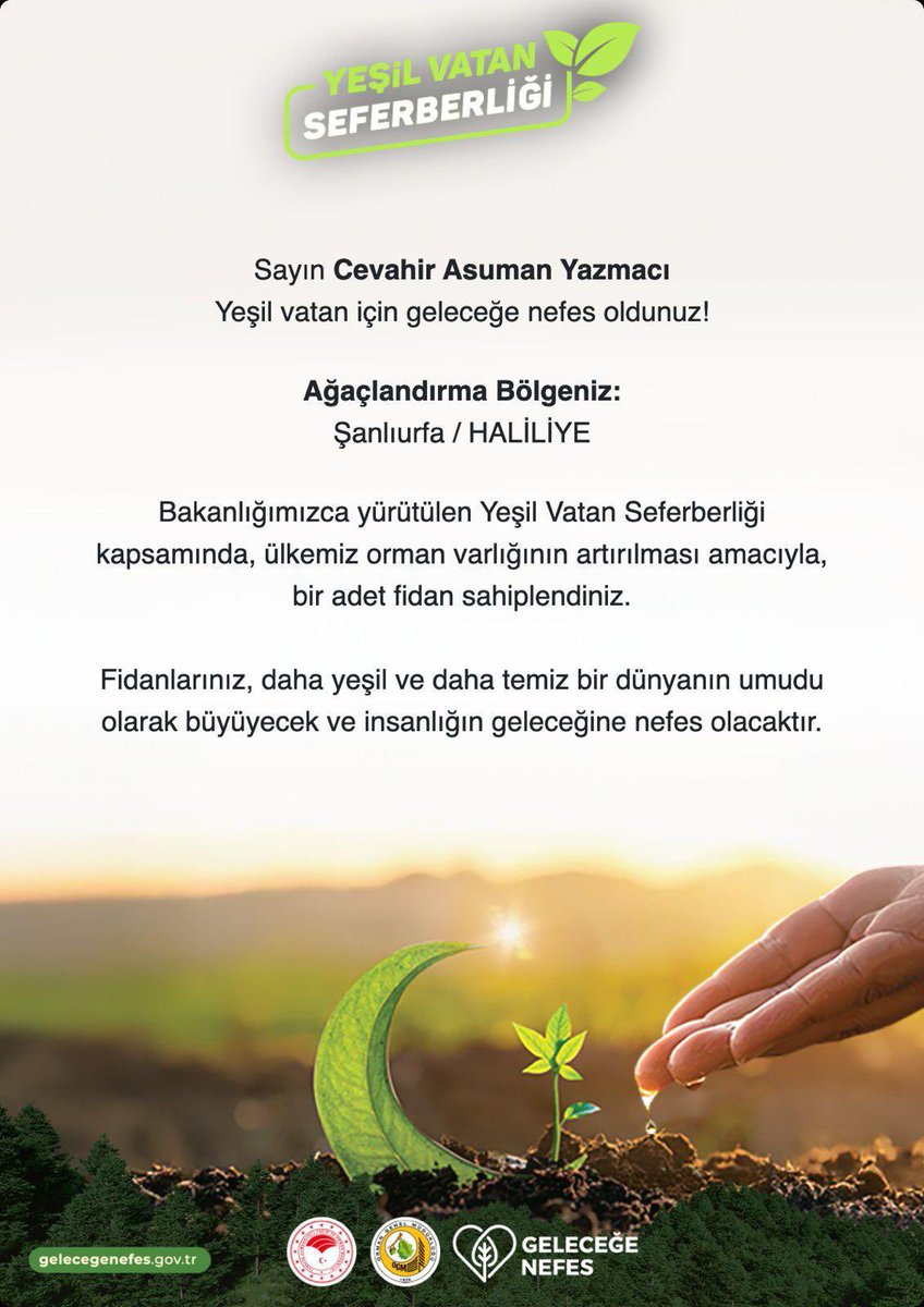 CYAZMAC's tweet photo. Peygamber Efendimiz, “Yarın kıyametin kopacağını bilseniz bile elinizdeki fidanı dikiniz” buyuruyor.

81 il, 922 ilçede, yediden yetmişe bütün vatandaşlarımızla birlikte fidanlarımızı toprakla buluşturuyoruz. 

#YeşilVatanSeferberliği kapsamında 11 Kasım Millî Ağaçlandırma Günü’nde Karaköprü ve Haliliye ilçelerimizde bir nefes olmak için https://t.co/BBCETKgAVL adresinden biz de fidanımızı sahiplendik. Sizleri de daha yeşil bir #TürkiyeYüzyılı için destek vermeye bekliyoruz.