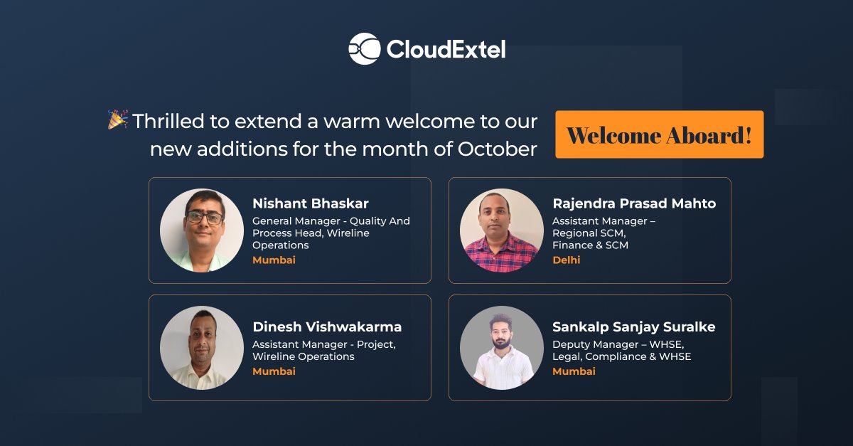 cloud_extel's tweet image. Welcoming Nishant, Rajendra, Dinesh &amp;amp; Sankalp to #TeamCloudExtel! Their expertise fuels our mission for smarter, scalable networks. Cheers to new ideas, teamwork &amp;amp; innovation driving #5GReady #NetworkInnovation #OperationalExcellence #PeopleFirst