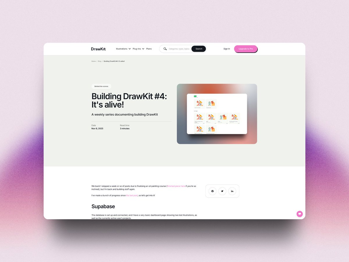 Lots of progress on <a href="/UseDrawKit/">DrawKit Illustrations</a> over the last 2 weeks 🤓

User auth, Supabase, Render, Directus, dashboard page, and some fun extra things.

Check it out: drawkit.com/post/building-…