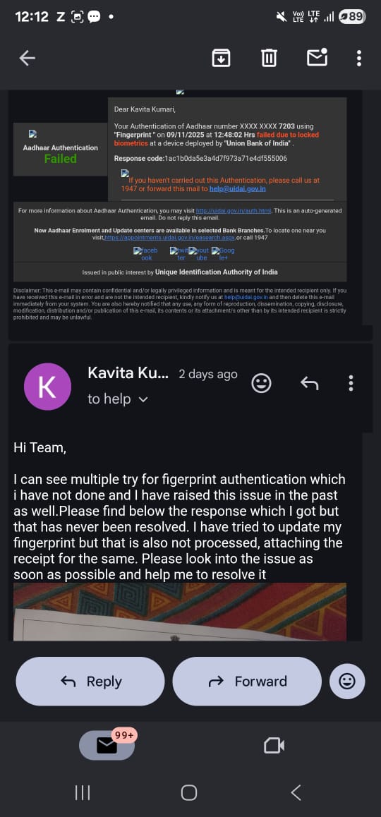 KumariKavi88843's tweet image. @AshwiniVaishnaw @GoI_MeitY @UIDAI @AshwiniVaishnaw
There have been repeated unauthorized Aadhaar authentication attempts on my Aadhaar and my biometric update is still unresolved despite several follow-ups with UIDAI. Please look into this urgently. #AadhaarSecurity #UIDAI