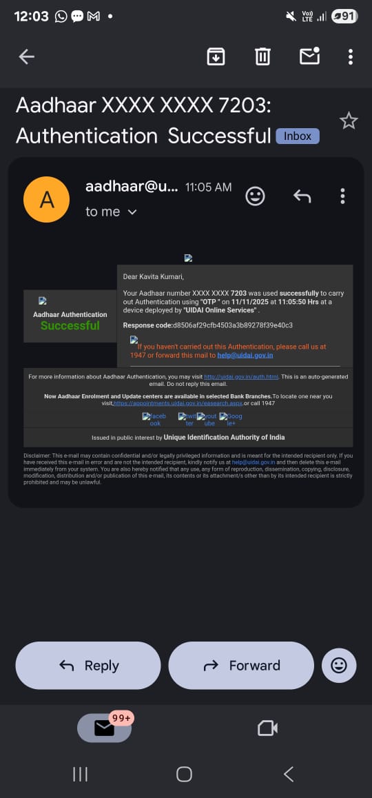 KumariKavi88843's tweet image. @AshwiniVaishnaw @GoI_MeitY @UIDAI @AshwiniVaishnaw
There have been repeated unauthorized Aadhaar authentication attempts on my Aadhaar and my biometric update is still unresolved despite several follow-ups with UIDAI. Please look into this urgently. #AadhaarSecurity #UIDAI