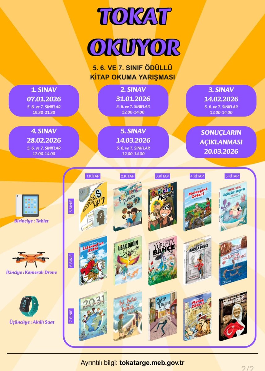 📣📣📣TOKAT OKUYOR KİTAP OKUMA YARIŞMASI TARİHLERİ GÜNCELLENDİ📣📣📣
DİKKAT
Sınavımızın onlinesınavsistemi.com fernus sistemiyle yapılacak olması ve fernus sistem altyapı düzeltmesi nedeniyle sınav tarihlerimiz ileri bir tarihe alınmıştır. Tüm velilerimizin bilgisine… 

🗓