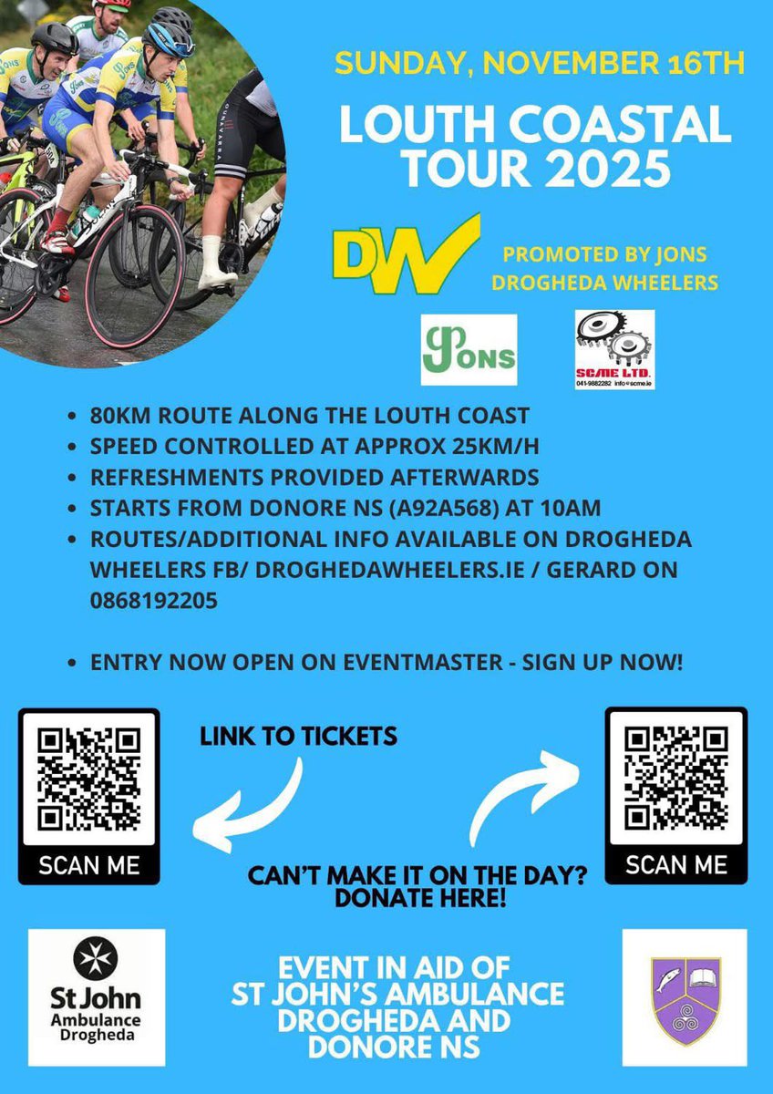 🚴‍♂️ Louth Coastal Tour – Sunday, 16th November 🚴‍♀️

JUST 5 DAYS TO GO! 

👉 Entry link: eventmaster.ie/event/KAWOUpnH…

💶 Donation link: idonate.ie/crowdfunder/LC…

🚏Route: strava.com/routes/3153415…