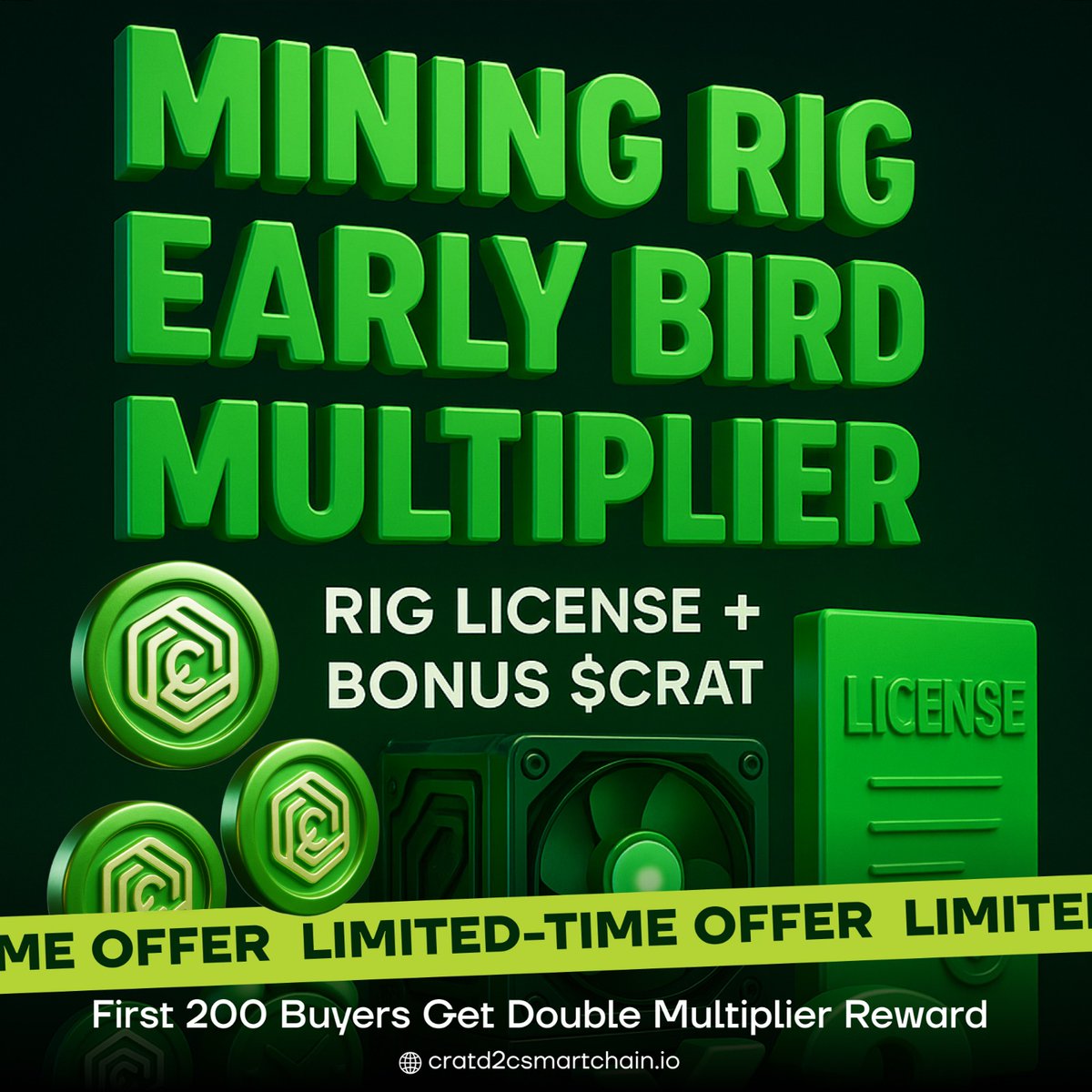✨ $30M IN WITH THIS OPPORTUNITY✨

Every Whitelist Rig License Purchase instantly comes with a Native Coin Power-Up Bonus credited directly to the buyer’s wallet.

Nova Rig ($100) → +100 $CRAT

Titan Rig ($200) → +250 $CRAT

Quantum Rig ($500) → +700 $CRAT

Infinity Rig