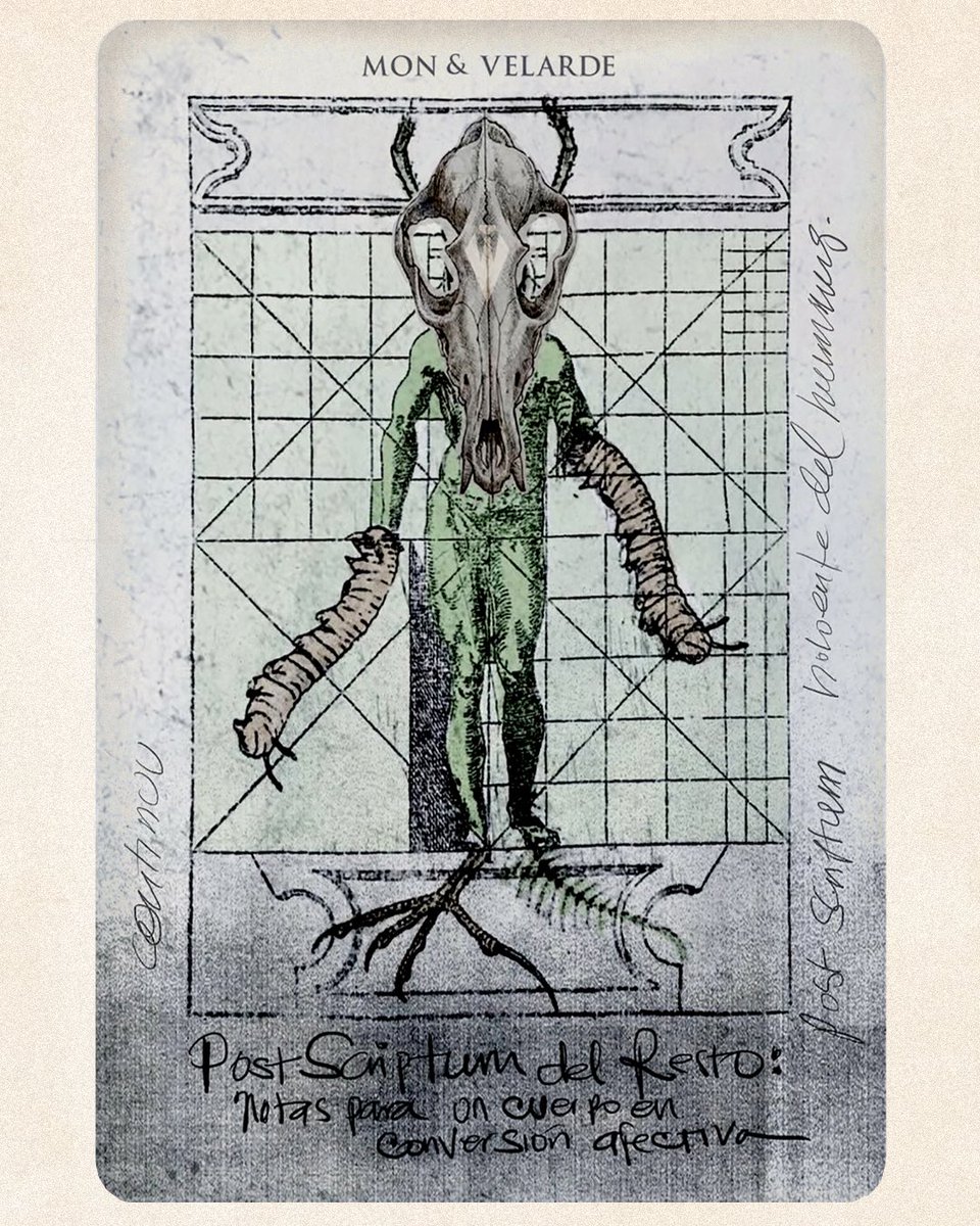 mon_velarde's tweet image. POSTAL Para #elzorroylagitana 
𝗣𝗼𝘀𝘁 𝘀𝗰𝗿𝗶𝗽𝘁𝘂𝗺 𝗱𝗲𝗹 𝗿𝗲𝘀𝘁𝗼:
𝘕𝘰𝘵𝘢𝘴 𝘱𝘢𝘳𝘢 𝘶𝘯 𝘤𝘶𝘦𝘳𝘱𝘰 𝘦𝘯 𝘤𝘰𝘯𝘷𝘦𝘳𝘴𝘪𝘰́𝘯 𝘢𝘧𝘦𝘤𝘵𝘪𝘷𝘢.

No es zorro, ni gitana,
ni humano, ni máquina.
No es Vitruvio de los restos.
¿Algo emerge entre las ruinas? 

#posthuman