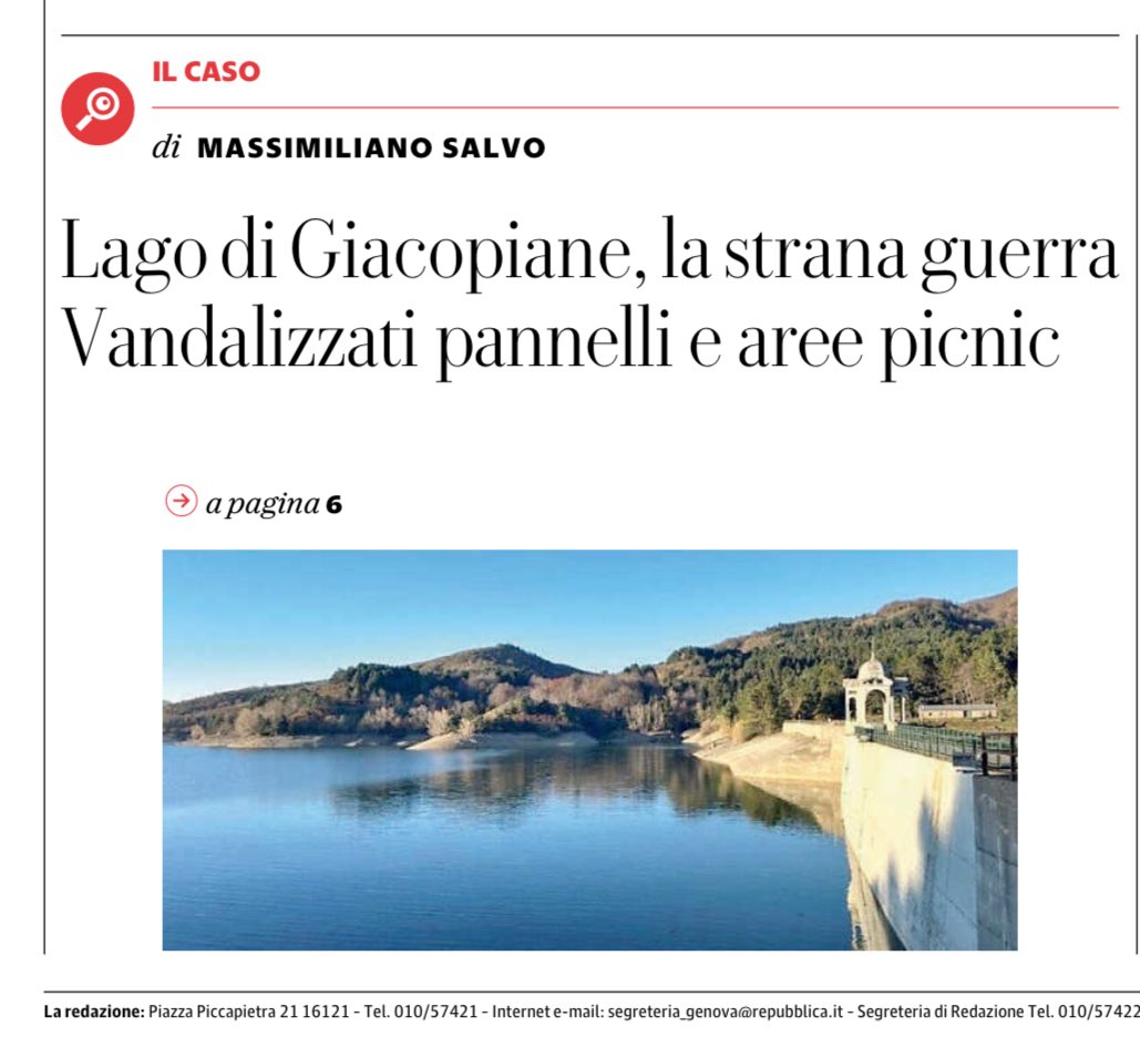 Su <a href="/rep_genova/">Repubblica Genova</a> la denuncia di <a href="/LegambienteLig/">Legambiente Liguria</a>. Sul lago di Giacopiane vandali in azione o forse qualcosa di più.
L’intervista a Stefano Bigliazzi sul giornale di oggi.
<a href="/Legambiente/">Legambiente</a>