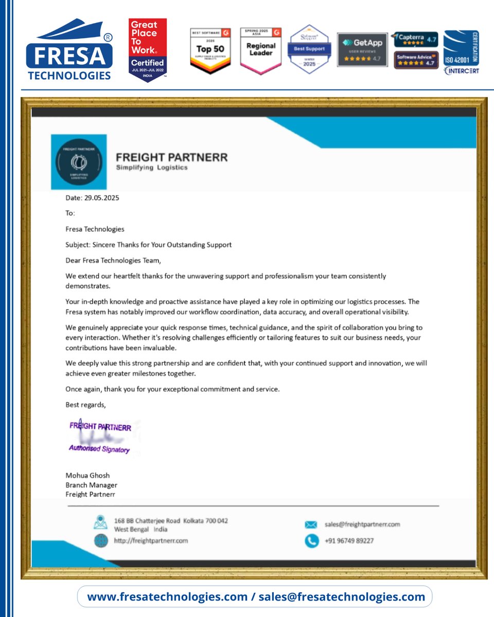 fresatechnology's tweet image. ✨We are deeply grateful to Freight Partnerr for their kind appreciation letter.

For more queries please visit below link fresatechnologies.com/clients-feedba…

#FresaTechnologies #FreightSolutions #FreightForwarding #LogisticsSoftware #SupplyChainTech #CustomerSatisfaction #CustomerFeedback