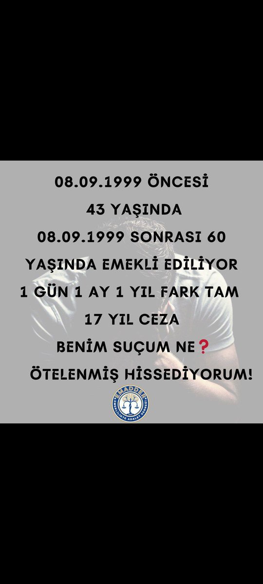 <a href="/mihribanugurluu/">Mihriban UĞURLU ⚖️</a> Artık ADALET Vakti 
Artık Hakların iade Vakti ‼️ 
1 güne 17 20 yıl fark Kabul Edilemez Büyük Haksızlıktır Adaletsizlik tir ‼️ 

#KademesizBütçeOlmaz
<a href="/EmadDernegi/">EMEKLİLİKTE ADALET DERNEĞİ ⚖️</a>