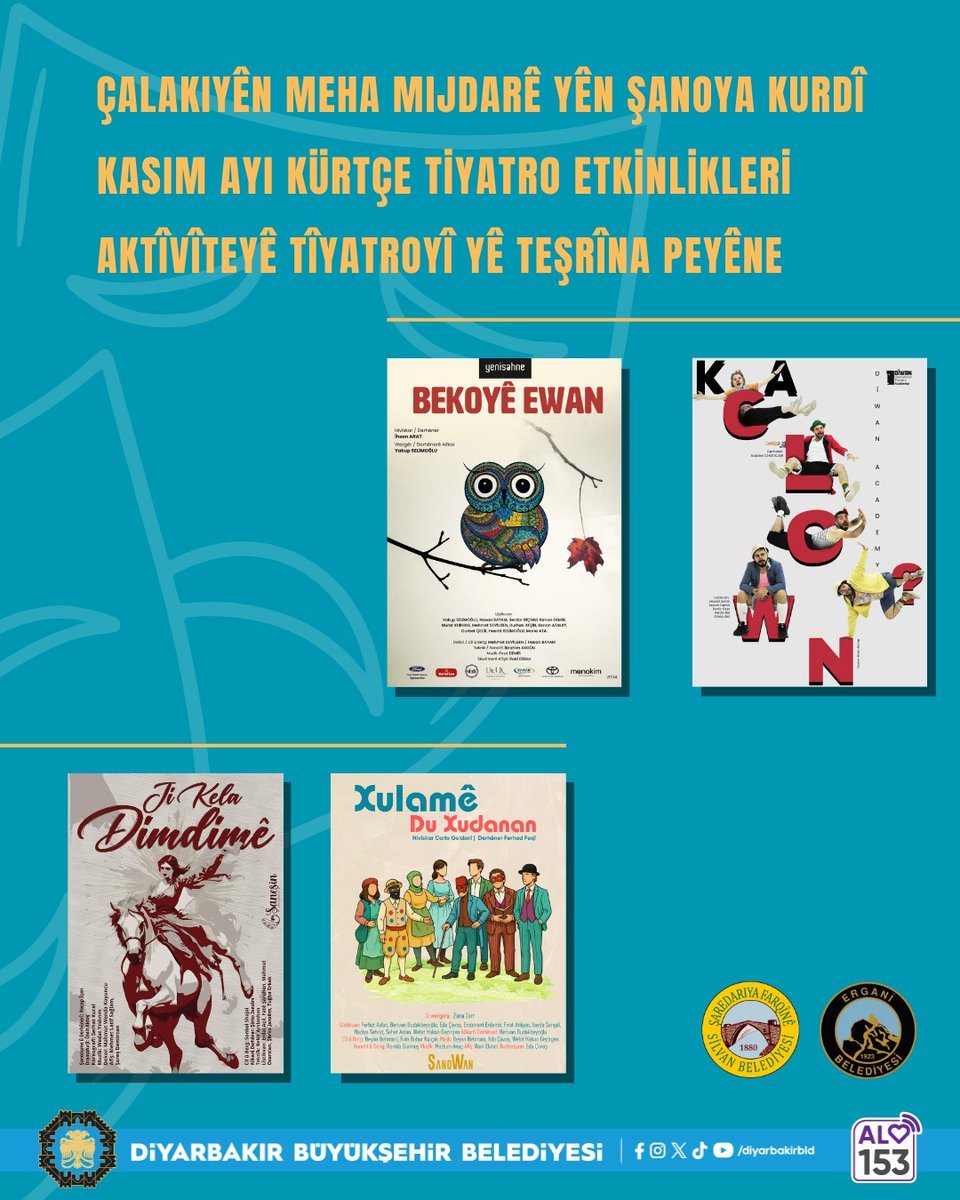 🎭Rojên Şanoya Kurdî yên Meha Mijdarê Dest Pê Dikin

🎭Kasım Ayı Kürtçe Tiyatro Günleri Başlıyor.

🎭Rojê Tîyatroyî Yê Aşma Teşrîna Peyêne Dest Pêkenê