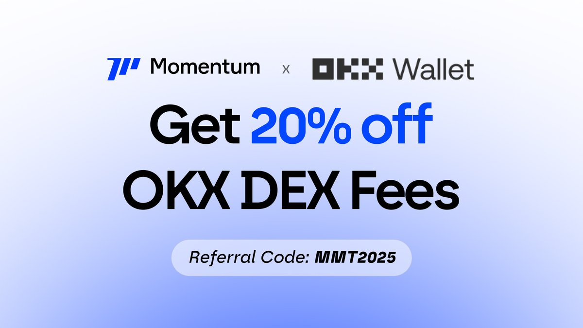 MMTFinance's tweet image. We’ve decided to deepen our partnership with OKX @Wallet 🌊

Momentum users can now use the code MMT2025 when setting up their OKX Wallet to get 20% off trading fees on the OKX DEX.

Start here 👉 web3.okx.com/join/mmt2025