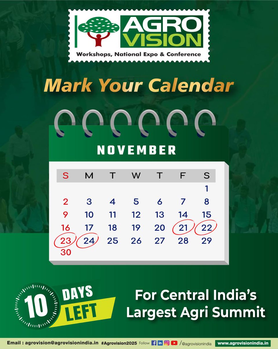 agrovisionindia's tweet photo. Countdown begins! Only 10 days left to witness innovation, inspiration, and opportunity at Agrovision2025.
#10daysleft #10daystogo #AGROVISION2025 #agrievents #AgriInnovation #SustainableFarming #CountdownBegins https://t.co/49SMrcEBip