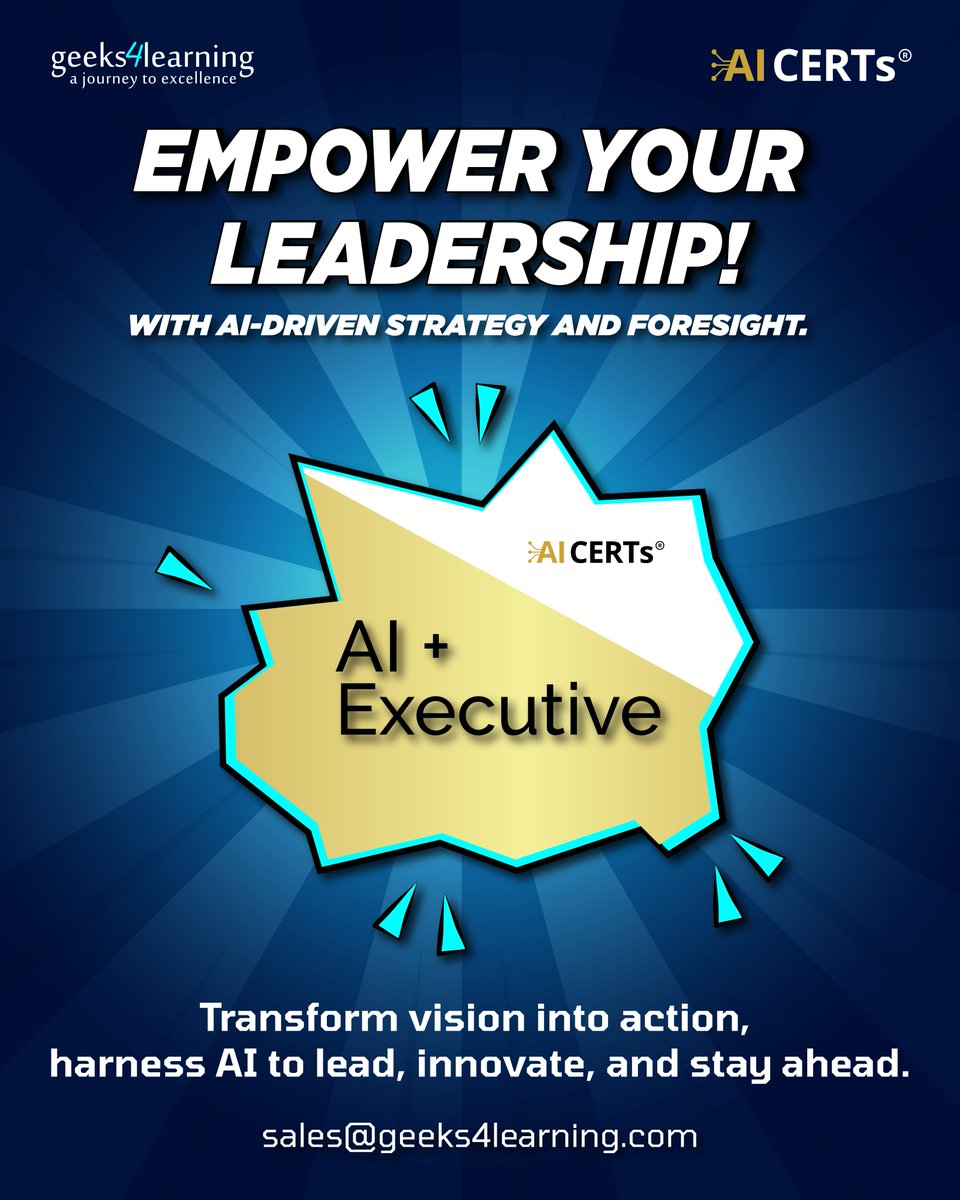 geeks4learning's tweet image. Pioneering leaders don’t just adapt, they innovate.
The AI+ Executive equips you with the insight, strategy, and skills to lead an impactful AI transformation.

Email us at sales@geeks4learning.com to enroll or for more information, click below:
geeks4learning.com/coursedetailsp…