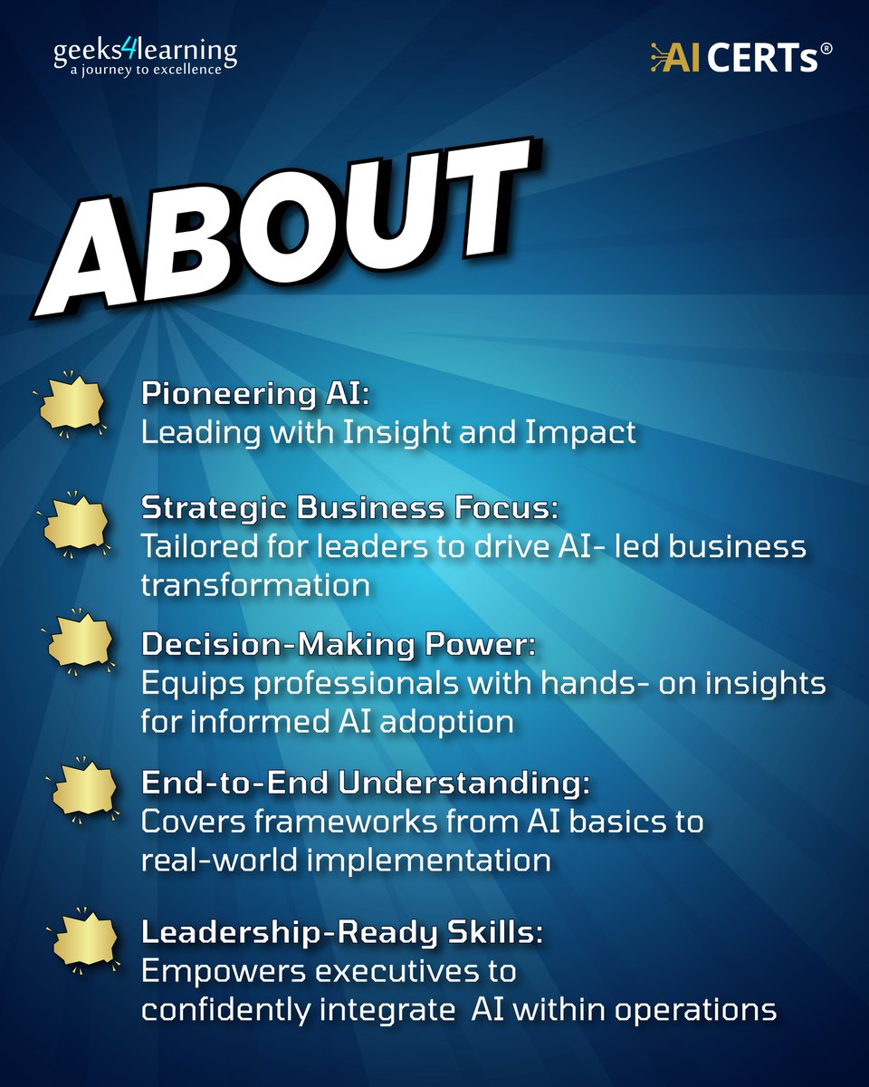 geeks4learning's tweet image. Pioneering leaders don’t just adapt, they innovate.
The AI+ Executive equips you with the insight, strategy, and skills to lead an impactful AI transformation.

Email us at sales@geeks4learning.com to enroll or for more information, click below:
geeks4learning.com/coursedetailsp…