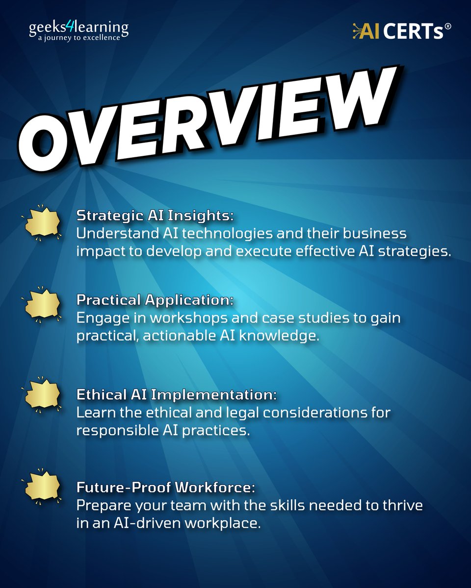 geeks4learning's tweet image. Pioneering leaders don’t just adapt, they innovate.
The AI+ Executive equips you with the insight, strategy, and skills to lead an impactful AI transformation.

Email us at sales@geeks4learning.com to enroll or for more information, click below:
geeks4learning.com/coursedetailsp…