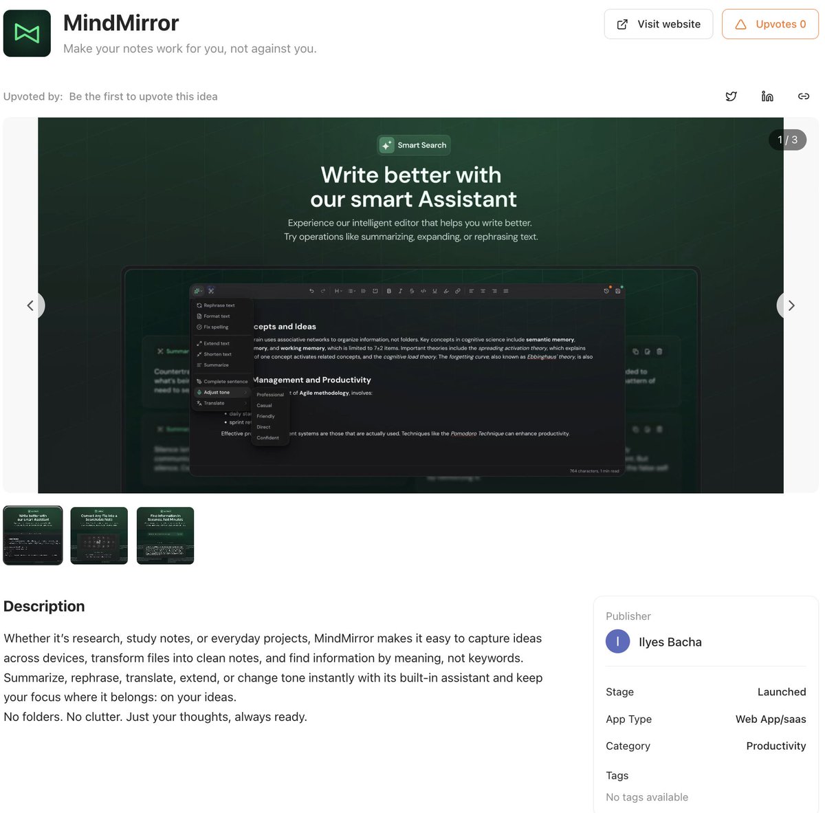 ideakilncom's tweet image. 🧠 MindMirror
Write better. Think clearer

📝 AI-powered note editor for research, writing &amp;amp; learning
⚙️ Summarize, expand, or rephrase ideas
🧩 Forget folders - organize by meaning, not keywords

👉 ideakiln.com/ideas/mindmirr…

#AI #Productivity #WritingTools #buildinpublic