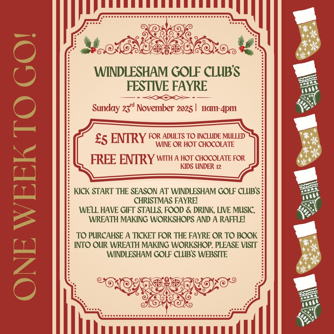 Christmas Fayre  - Just 7 days to go until our festive celebration begins!

🛍️ Gift stalls | 🍷 Food &amp; drink | 🎶 Live music 🌿 Wreath-making workshops with Lily and Myrtle   🎟️ Raffle prizes to be won!

Purchase your tickets online now and kickstart the season with us!