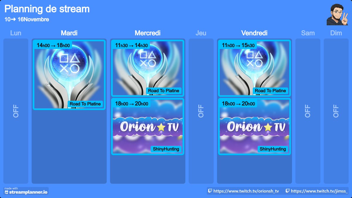Planning de la semaine ! 

Sur ma chaîne, on avancera assassin's creed Syndicate ! 

Et sur Orion, du bon gros ShinyHunting, accompagné de Kiradel et D'Effys ! 

Twitch.tv/jimss_
Twitch.tv/orionsh_tv