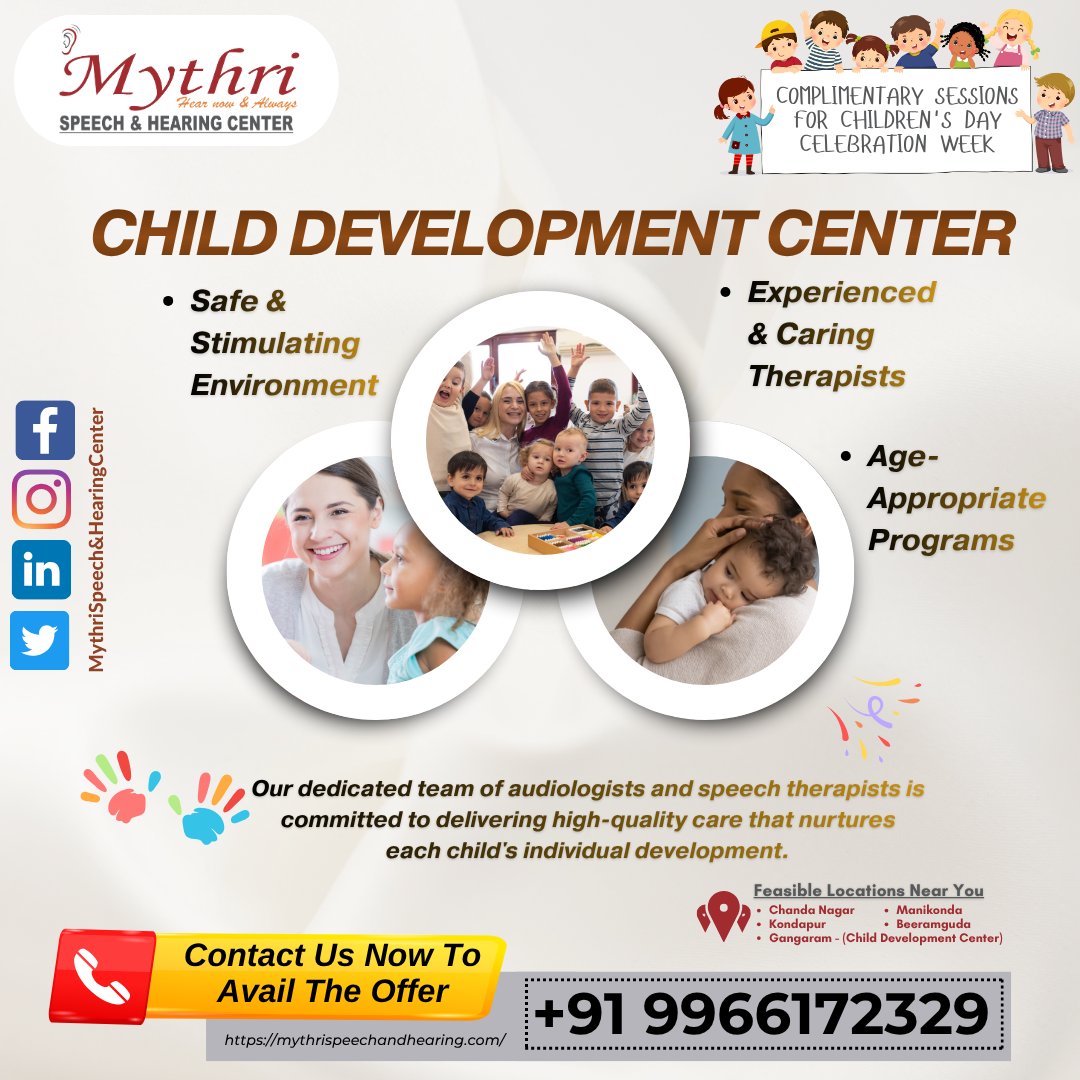 mythrihearing's tweet image. #ChildrensDayOffer #ChildDevelopmentCenter #EarlyIntervention #HyderabadKids #ComplimentarySession #SpeechTherapy #Audiology #DrSandeepNeela #MythriSpeechAndHearing #FreeConsultation #ChildHealth #KidsOfHyderabad #ParentingTips #SpecialEducation #AgeAppropriatePrograms