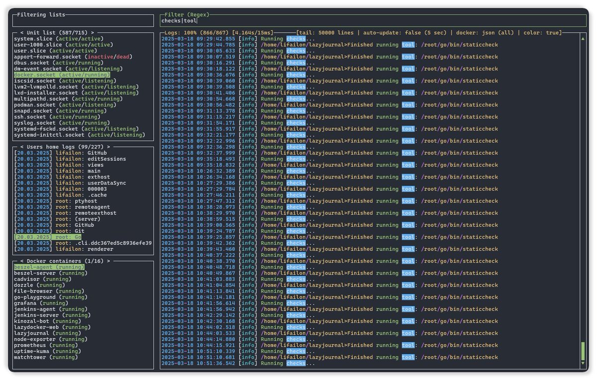 Jsem celkem fanda lazy<tool> nastroju. Napr. lazygit. 

Existuje napr. lazyjournal na cteni logu.

github.com/Lifailon/lazyj…