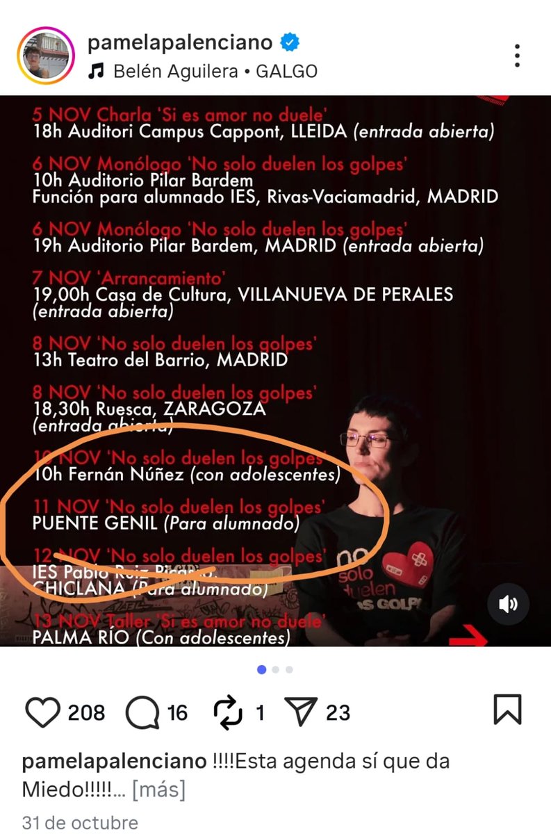 Hoy nos visita #PamelaPalenciano con su representación #nosoloduelenlosgolpes, con motivo del #25noviembre, dirigida al alumnado de los centros educativos de #PuenteGenil