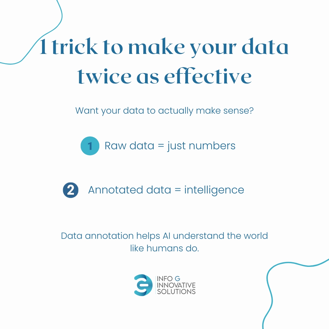infogsolution's tweet image. Raw data = noise.
Annotated data = knowledge.
That’s how AI learns to think smarter,  with precision labeling from Info G.
Follow us for more insights on how we make data meaningful.
#DataAnnotation #AITraining #MachineLearning #DataScience #InfoGInnovativeSolutions