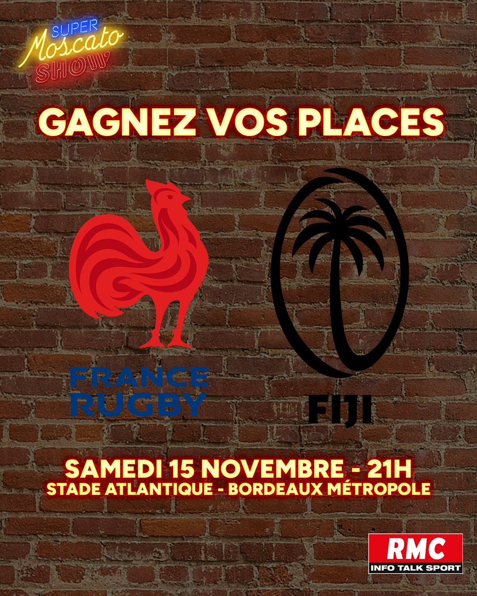 🎁 JEU CONCOURS

🎟️ Tentez de remporter vos places pour assister au match du XV de France - Ile Fidji ce samedi 15 novembre à 21h à Bordeaux.

🍀 Pour participer, RT + Follow <a href="/Moscato_Show/">Super Moscato Show</a>, et commente ton joueur préféré. Bonne chance l'équipe !