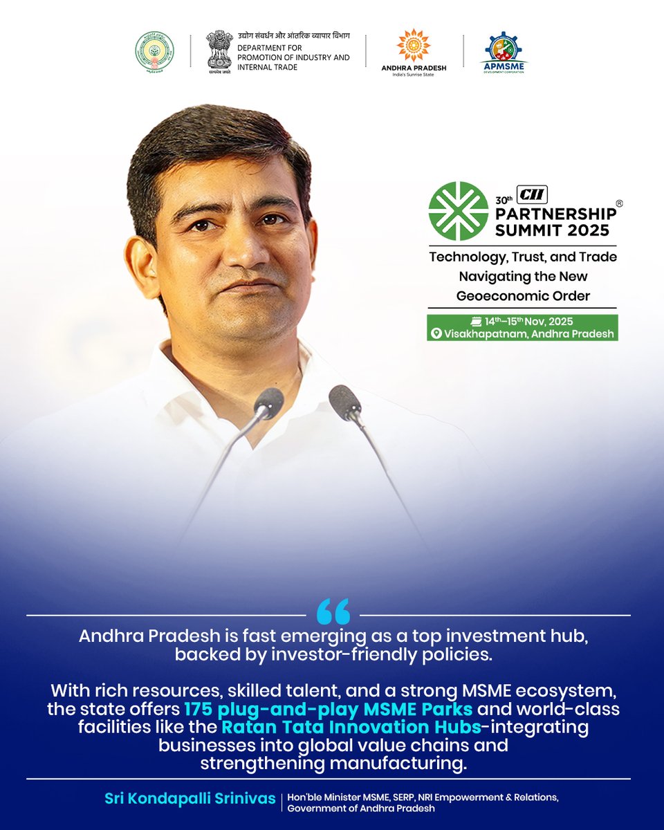 apmsmedc's tweet image. Welcome to Andhra Pradesh - India’s Sunrise State! 

We are delighted to welcome all investors, delegates, industry leaders, and global stakeholders to the 30th CII Partnership Summit 2025, being held on 14th–15th November 2025 in Visakhapatnam, Andhra Pradesh.

With a focus on…
