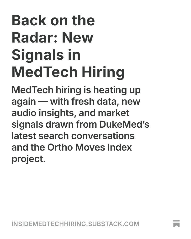 A quick Ortho Moves Index update + current hiring signals 👇 + whats coming next 🟠 🎧🗣️
#medtech #medtechjobs #medtechhiring #medicaldevices #orthopaedics #apacmedtechn #medtechsales  #medtechleaders 🔗  buff.ly/Qnd7MXw
