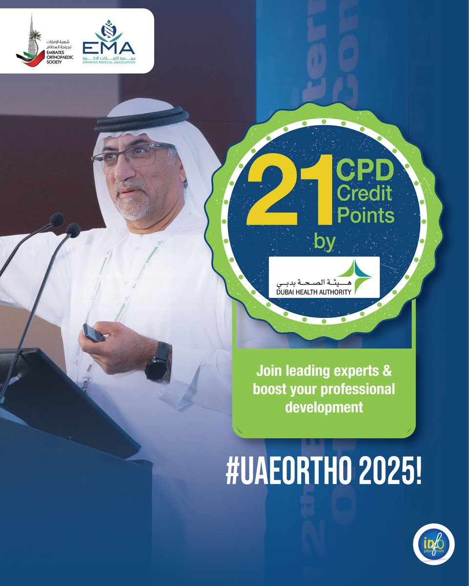 Empower your practice and elevate your expertise!
Earn 21 CPD Credit Points accredited by the Dubai Health Authority (DHA) at #UAEOrtho 2025.

Register now: bit.ly/Reg2EOS

#UAEOrtho #Orthopaedics #CME #CPD #ProfessionalGrowth #GulfKneeCourse #IPEvents