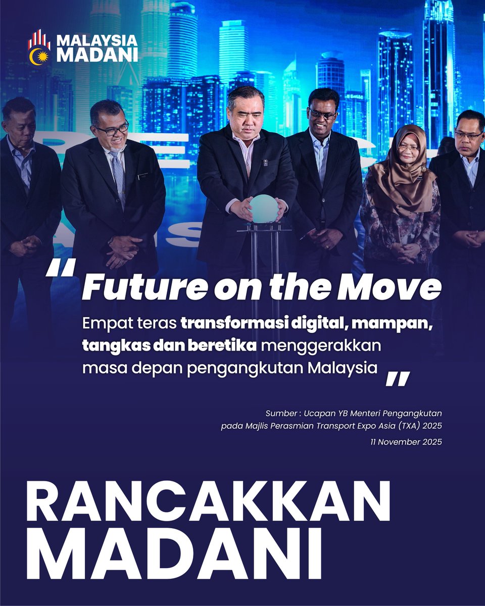 Future on the Move.

Tema TXA 2025 menzahirkan empat teras transformasi yang membentuk masa depan pengangkutan dan logistik Malaysia — digital, mampan, tangkas dan beretika.

TXA 2025 berlangsung dari 11 hingga 13 November di Sama-Sama Hotel, Sepang.

#TXA2025 #RancakkanMADANI