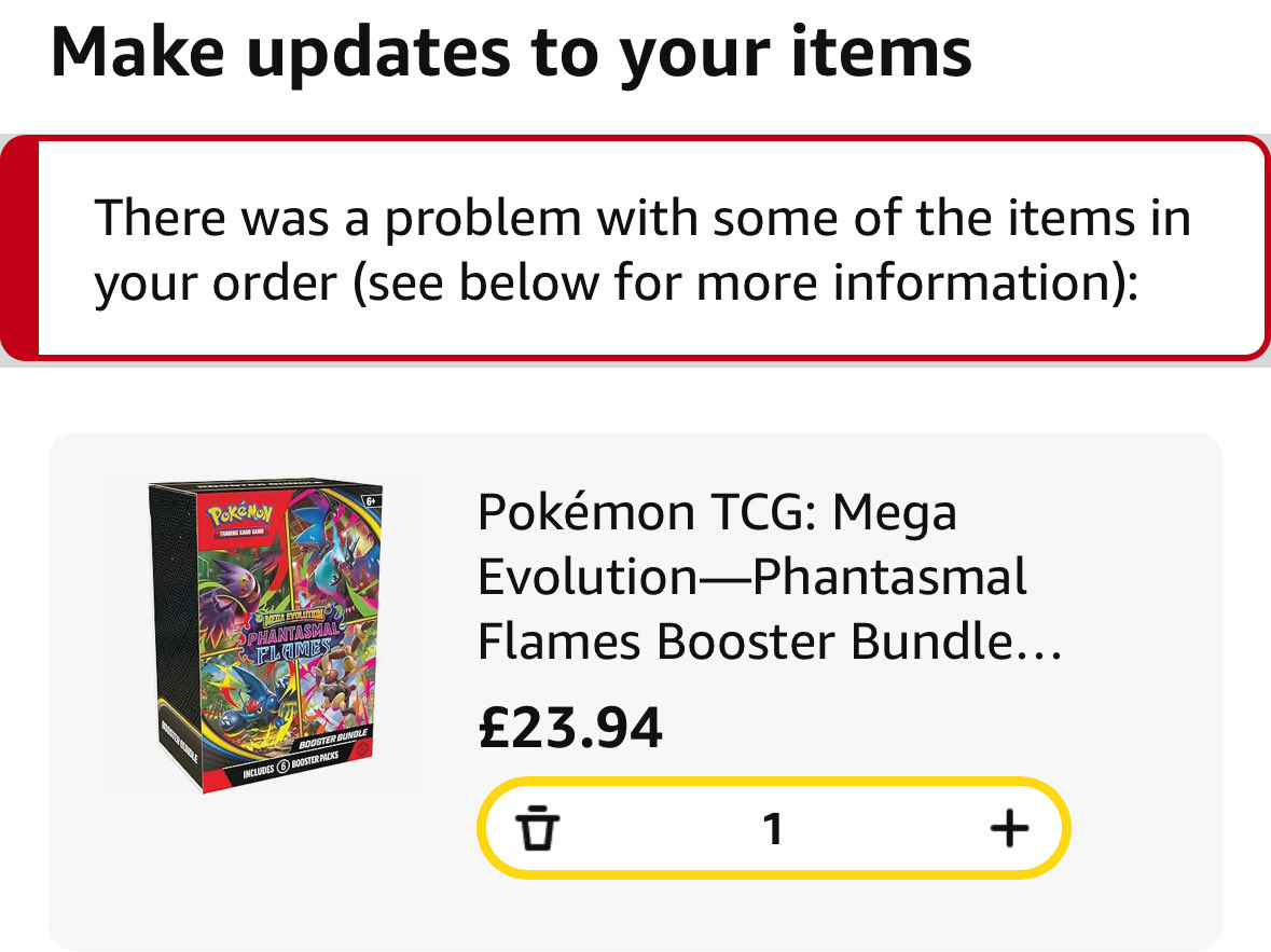 mulletdxddy's tweet photo. @PokemonStockUK I get this issue every single time with pokemon stuff on Amazon🥲 https://t.co/ZJISY2AafT