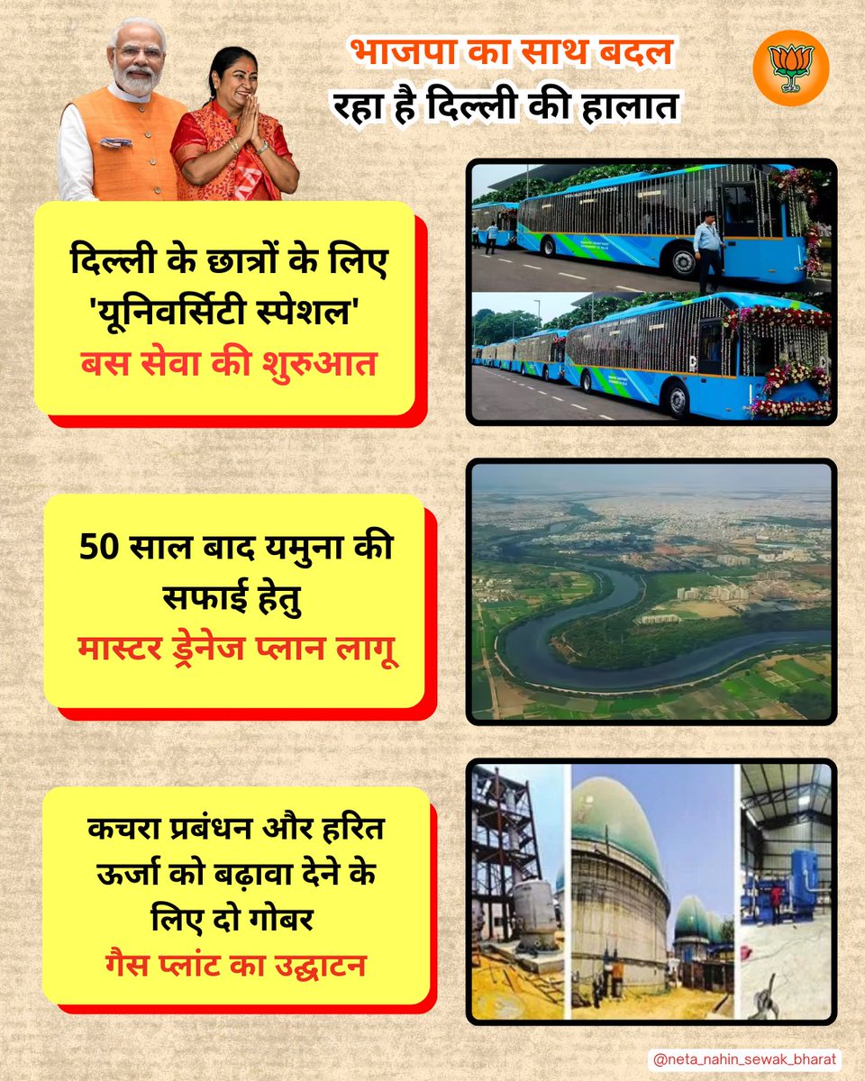 Jansewakmadan's tweet photo. भाजपा का साथ, बदल रहा है दिल्ली का हालात!
अब छात्रों के लिए ‘यूनिवर्सिटी स्पेशल’ बस सेवा,
50 साल बाद यमुना सफाई का नया अध्याय,
और कचरे से हरित ऊर्जा की ओर बड़ा कदम!
#NewDelhiRising #CleanYamuna #GreenEnergy #YouthEmpowerment #UniversitySpecialBus #BJPForDevelopment https://t.co/q0Mx4SQtRq