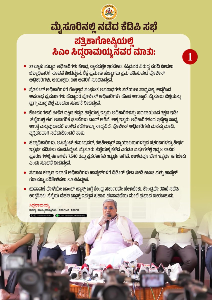 siddaramaiah's tweet image. ಇಂದು ಮೈಸೂರಿನ ನಿವಾಸದಲ್ಲಿ ಸೋಮವಾರ ನಡೆದ ಕೆಡಿಪಿ ಸಭೆಯ ಕುರಿತು ಮಾಧ್ಯಮಗಳ ಜೊತೆ ಮಾತನಾಡಿದೆ. 

ಪತ್ರಿಕಾಗೋಷ್ಠಿಯ ಮುಖ್ಯಾಂಶಗಳು ಹೀಗಿವೆ.. 

#KDPMeeting #Mysuru