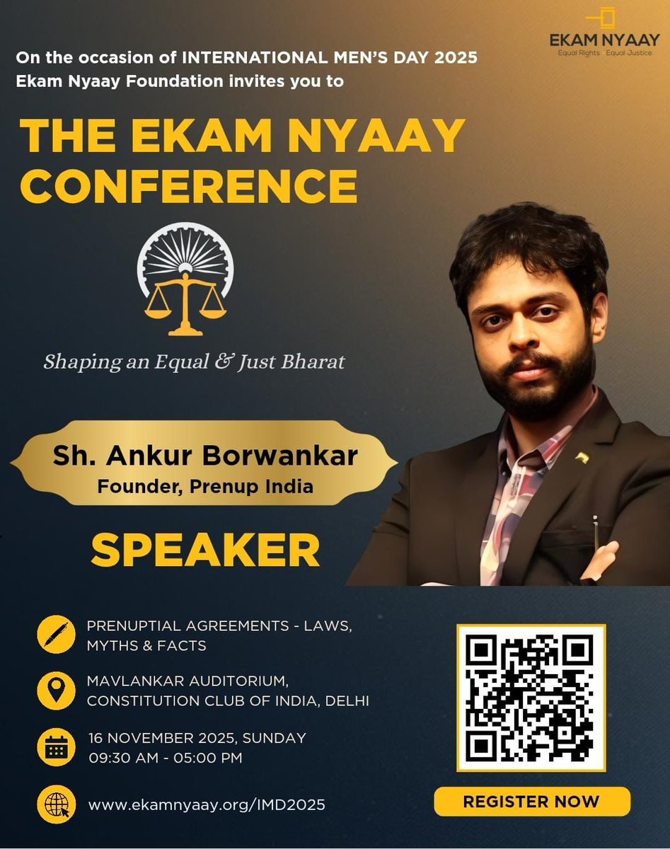 DeepikaBhardwaj's tweet photo. ANNOUNCING OUR SESSIONS & DISTINGUISHED SPEAKERS FOR THE EKAM NYAAY CONFERENCE

SPOTLIGHT : Prenuptial Agreements - Laws, Myths & Facts

Honoured to have Ankur Borwankar (Founder of Prenup India) as our esteemed speaker for this session

Check the full agenda & if you wish to attend, please register here for the conference: https://t.co/yg0K2L1rYK

#IMD2025 #EkamNyaayConference