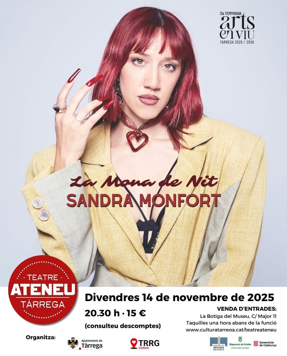 🎶 L'artista valenciana Sandra Monfort porta el seu repertori de folk contemporani a #Tàrrega

🗓️ El Teatre Ateneu acull l’espectacle ‘La mona de nit’ el divendres 14 de novembre (20.30h)

💥Dins la 31a Temporada d’Arts en Viu que promou <a href="/culturatarrega/">Cultura Tàrrega</a>

👉culturatarrega.cat