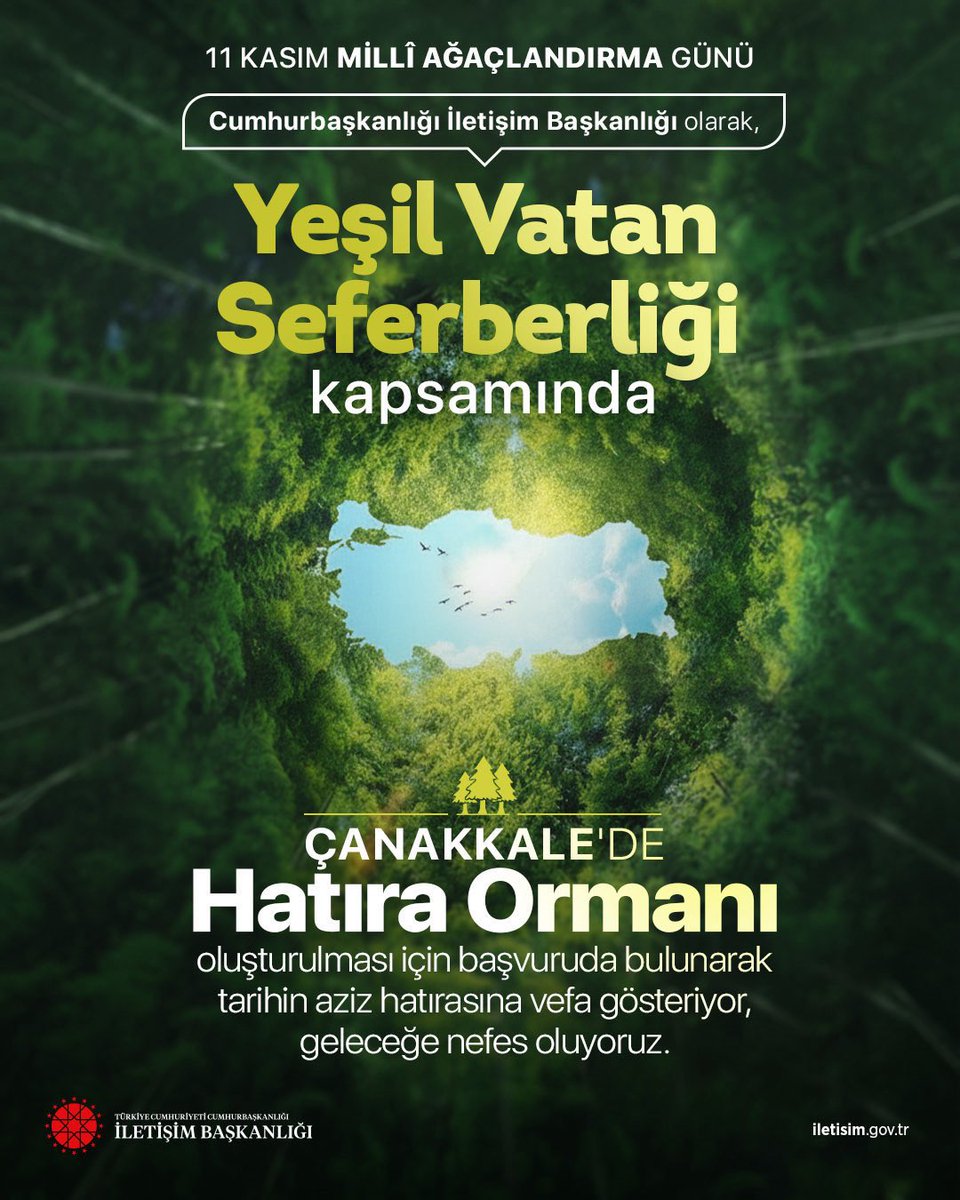 11 Kasım Millî Ağaçlandırma Günü'nü canıgönülden kutluyorum.

Bu anlamlı gün; geleceğe nefes olmak için toprağa dokunma, doğayı koruma ve yeşilin gücünü yeniden hatırlama için kıymetli bir vesiledir.

Cumhurbaşkanımız Sayın Recep Tayyip Erdoğan'ın liderliğinde başlatılan, ortak