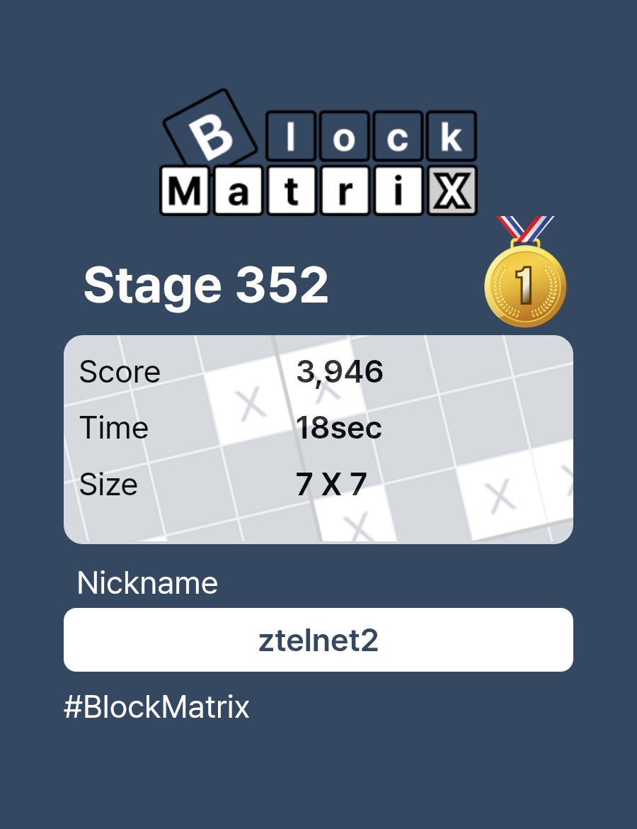 ztelnet2's tweet photo. BlockMatrix
Stage 352
Rank 1
#blockmatrix #puzzlegame https://t.co/M3lvZgU7db