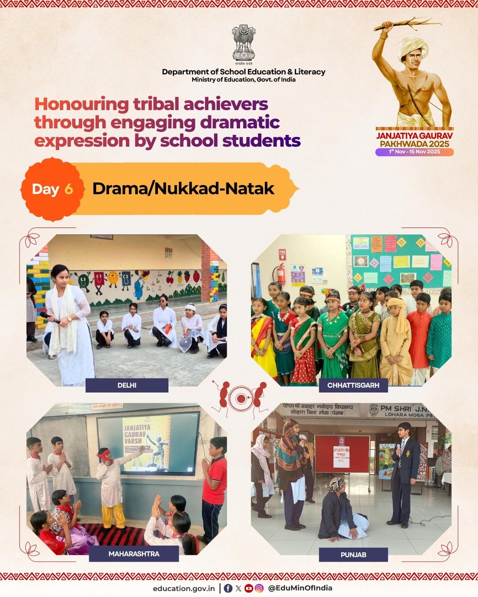 EduMinOfIndia's tweet image. On the sixth day of Janjatiya Gaurav Pakhwada, schools across the nation came alive with captivating drama and nukkad-natak performances by students, vividly portraying the remarkable life journeys and contributions of eminent tribal icons.
In addition, schools organised…