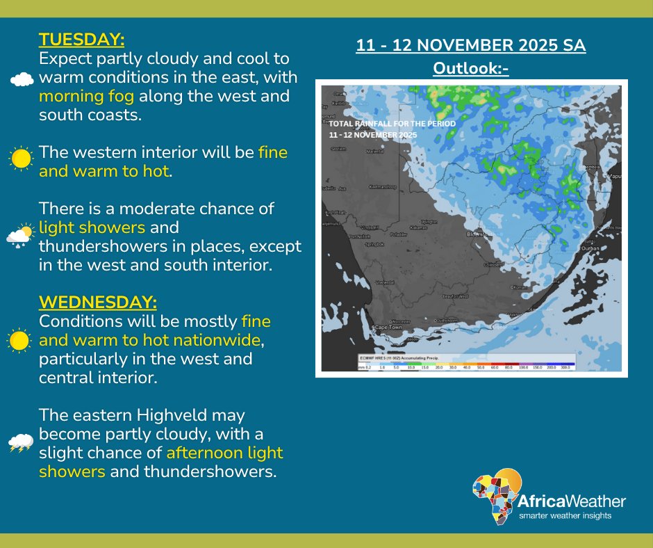 11-12 November Weather Outlook:-
 
Conditions will be mostly fine and warm to hot nationwide, particularly in the west and central interior. The eastern Highveld may become partly cloudy, with a slight chance of afternoon light showers and thundershowers.