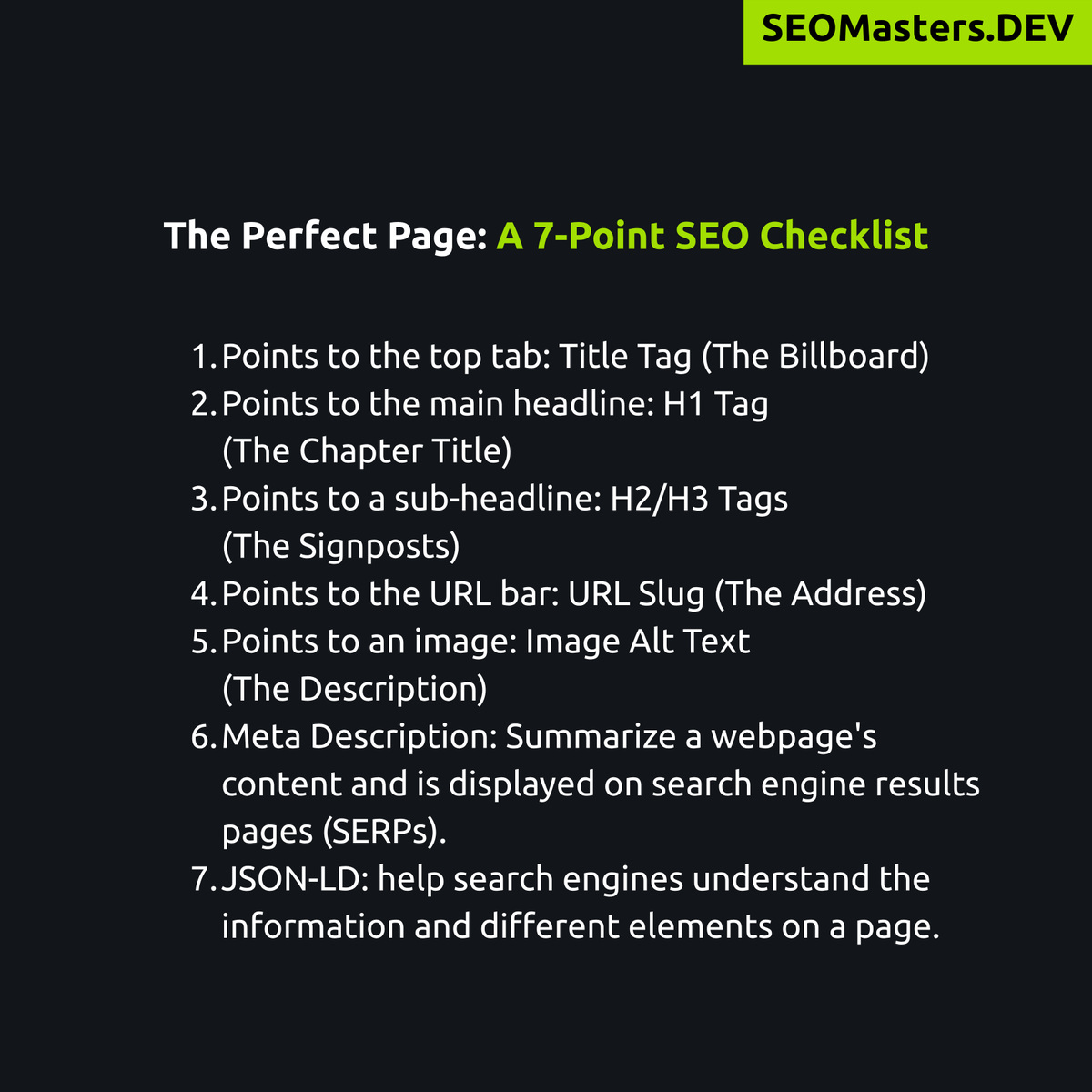 seomastersdev's tweet photo. Day 9 of our FREE #SearchDominanceChallenge. 🚀 You've written great content. Now, let's make sure Google can understand it. Here's my 7-point checklist for a perfectly optimized page. 👇 (thread) https://t.co/1jSrY8Nezr