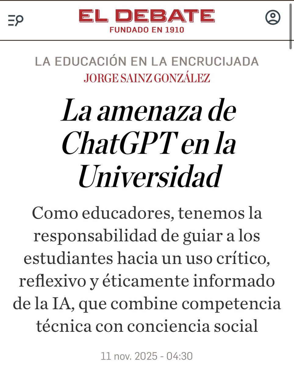 sanz_ismael's tweet image. Usar IA no debe significar dejar de pensar. Cuando los estudiantes utilizan ChatGPT para evaluar y contrastar respuestas, activan procesos metacognitivos: aprenden a cuestionar sesgos, detectar incoherencias y fortalecer su pensamiento crítico @jsainzg en
eldebate.com/educacion/2025……