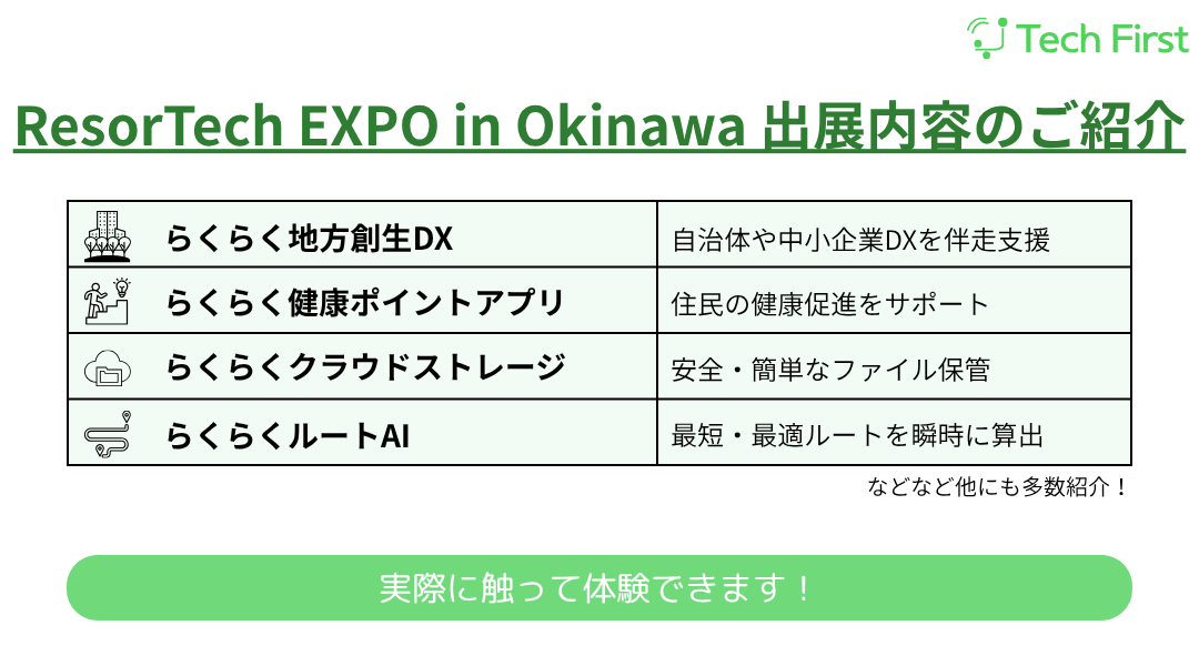 dora_rakurakudx's tweet photo. ✨ DXを“体験できる”ブース、準備中！

・住民サービス向上の「健康ポイント」
・業務をラクにする「AIルーティング」「ストレージ」
・伴走支援の「らくらく地方創生DX」
ほか多数のソリューションを展示。

ぜひお立ち寄りください！
#ResorTechEXPO2025 #ResorTechEXPO #沖縄県 #リゾテックおきなわ https://t.co/0LOed4syWU