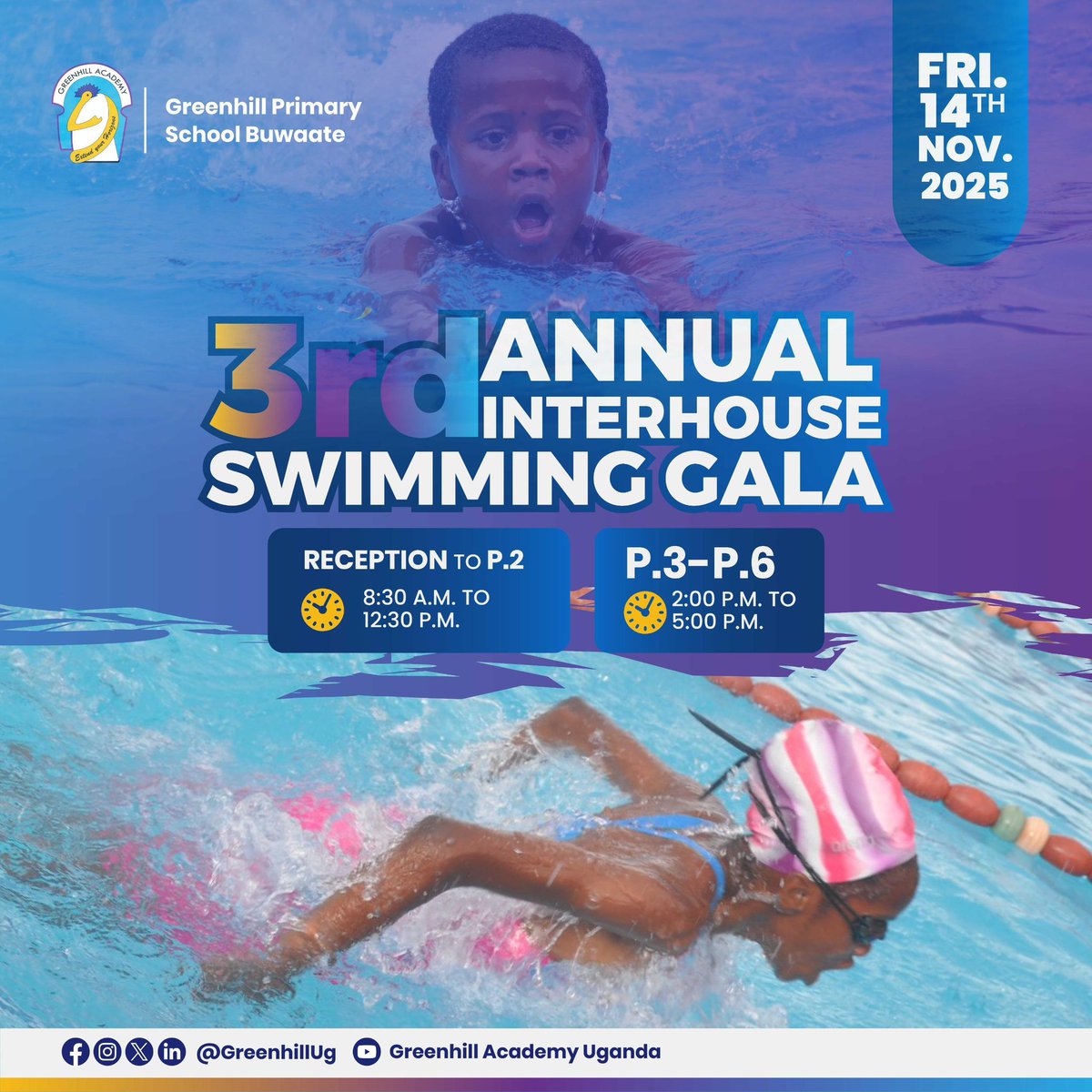 The young swimmers at Greenhill Primary School Buwaate will be taking a dive at the 3rd Annual Interhouse Swimming Gala happening this Friday. 🏊🏾‍♂️ 

You are all invited to come cheer on the students. 

#GreenhillSchools