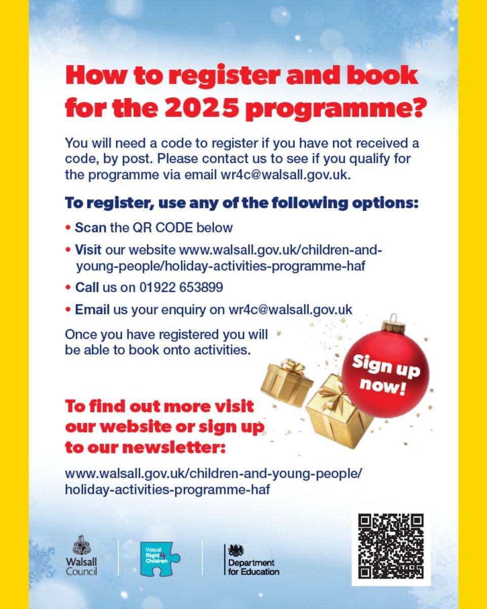 Walsall Holiday Activities and Food Programme

This winter Walsall HAF have lots of exciting &amp; free activities on offer for children and young people aged 5-16 yrs on income based free school meals. Please see the flyers attached for more information 🙂